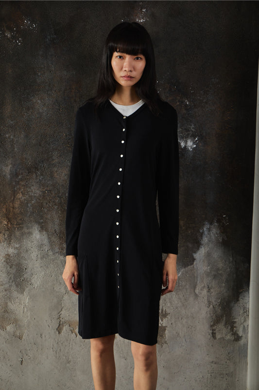 Agnes b. Black Crepe Snap Cardigan Dress Long Jacket黑色排扣開襟長版洋裝