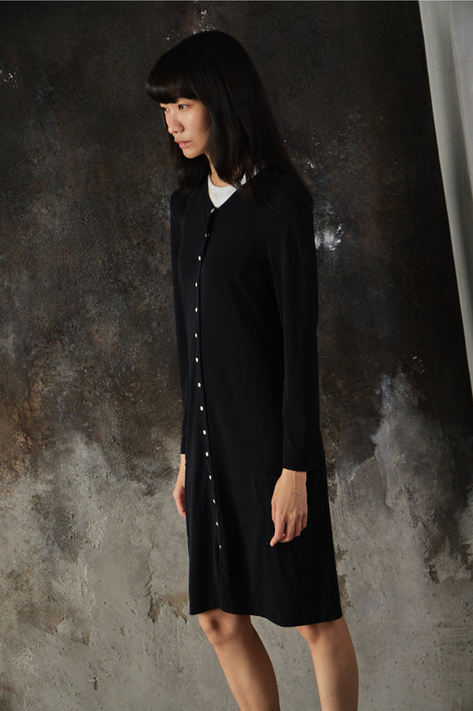 Agnes b. Black Crepe Snap Cardigan Dress Long Jacket黑色排扣開襟長版洋裝