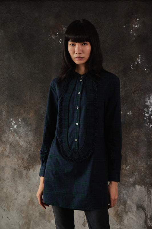 Burberry Black Watch Tartan Ruffled-Bib Band-Collar Shirt