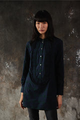Burberry Black Watch Tartan Ruffled-Bib Band-Collar Shirt