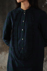 Burberry Black Watch Tartan Ruffled-Bib Band-Collar Shirt