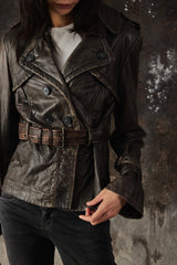 ALLSAINTS AW08 ZOPHIA Vintage Brown Leather Mini Mac Convertible Jacket  復古仿舊深棕兩用式皮革風衣夾克