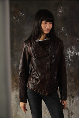 AllSaints Spitalfields Hyde Asymmetrical Leather Jacket-Brown復古水洗不對稱斜拉領羊皮皮衣