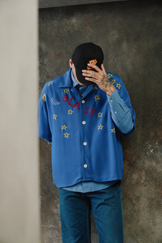 Glass Cypress Blue Nightsky Silk Shirt 美國奢華品牌 藍色滿版星星手刺繡真絲開領襯衫