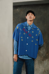 Glass Cypress Blue Nightsky Silk Shirt 美國奢華品牌 藍色滿版星星手刺繡真絲開領襯衫