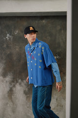 Glass Cypress Blue Nightsky Silk Shirt 美國奢華品牌 藍色滿版星星手刺繡真絲開領襯衫