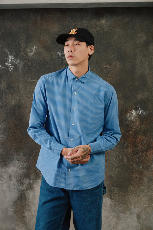 KAPTAIN SUNSHINE Semi Spread Collar Shirt 日本設計師品牌 藍白條紋絹棉混紡寬鬆長袖襯衫