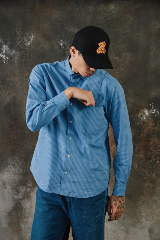 KAPTAIN SUNSHINE Semi Spread Collar Shirt 日本設計師品牌 藍白條紋絹棉混紡寬鬆長袖襯衫