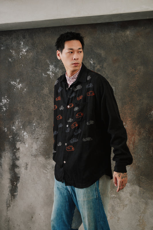 Glass Cypress Gustav Flannel 'Black'Embroidered Shirt 美國奢華品牌 黑色純羊毛滿版魚群刺繡長袖襯衫