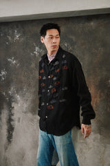 Glass Cypress Gustav Flannel 'Black'Embroidered Shirt 美國奢華品牌 黑色純羊毛滿版魚群刺繡長袖襯衫