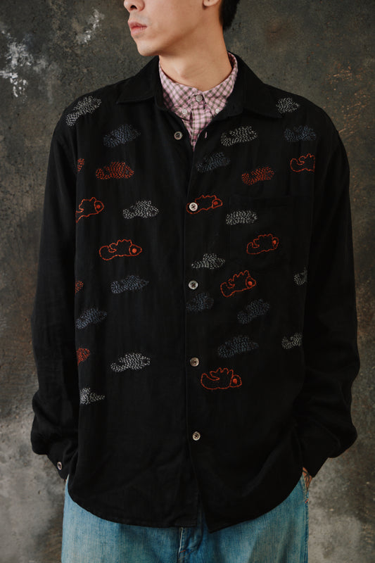 Glass Cypress Gustav Flannel 'Black'Embroidered Shirt 美國奢華品牌 黑色純羊毛滿版魚群刺繡長袖襯衫