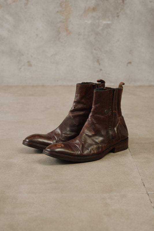 J.Lindeberg Made in Portugal Chestnut Brown Leather Boots葡萄牙製 金屬飾鈕側拉鍊深棕牛皮踝靴