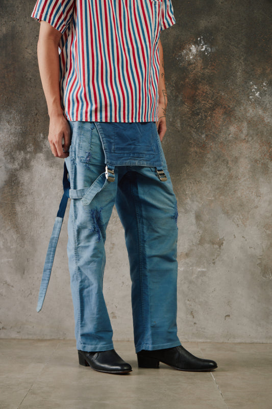 1950~60’s “Beau-Fort” French Indigo Moleskin Dungarees Overalls 古著法國工裝藍染鼴鼠皮吊帶褲 Boro縫補