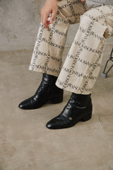 Vintage Black Leather Side-Zip Ankle Boots 黑色全皮革側拉鍊金屬圓扣高跟短靴