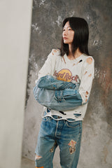 Vintage Hard Rock Tee Cleveland Denim Patchwork Top 古著破壞丹寧拼接袖上衣