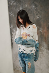 Vintage Hard Rock Tee Cleveland Denim Patchwork Top 古著破壞丹寧拼接袖上衣