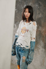 Vintage Hard Rock Tee Cleveland Denim Patchwork Top 古著破壞丹寧拼接袖上衣
