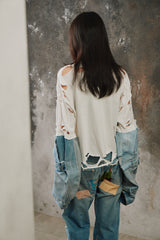 Vintage Hard Rock Tee Cleveland Denim Patchwork Top 古著破壞丹寧拼接袖上衣