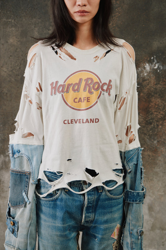 Vintage Hard Rock Tee Cleveland Denim Patchwork Top 古著破壞丹寧拼接袖上衣