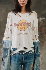 Vintage Hard Rock Tee Cleveland Denim Patchwork Top 古著破壞丹寧拼接袖上衣