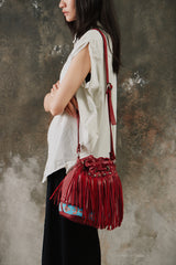Tylie Malibu Red Fringe Leather Bucket Bag