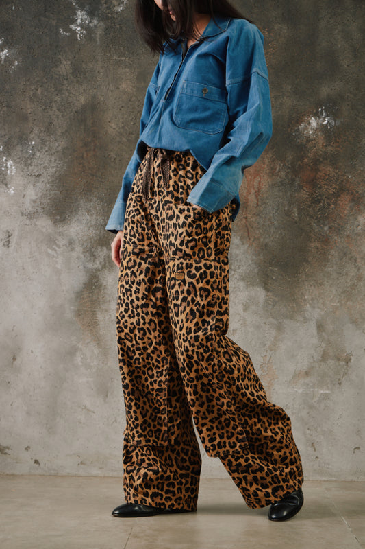 Kapital Cotton Herringbone Leopard Print Easy Baggy Pants 豹紋粗斜紋棉質立體剪裁闊腿褲