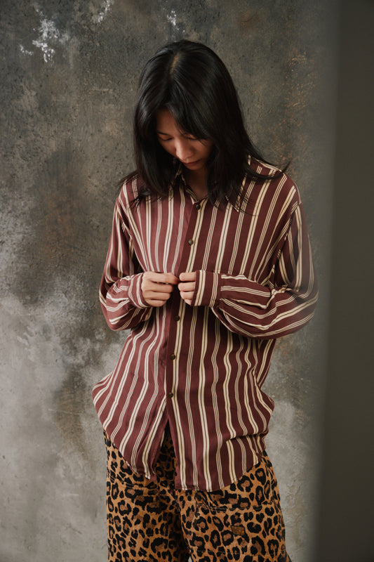 POÈTE Shiatzy Chen Retro 70s Point Collar Brown Striped Fluid Shirt 夏姿 70s 復古尖領可可棕條紋單口袋長袖襯衫