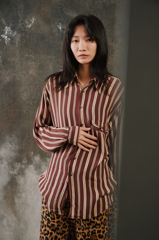 POÈTE Shiatzy Chen Retro 70s Point Collar Brown Striped Fluid Shirt 夏姿 70s 復古尖領可可棕條紋單口袋長袖襯衫