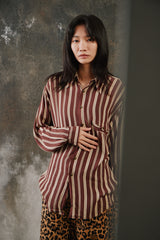 POÈTE Shiatzy Chen Retro 70s Point Collar Brown Striped Fluid Shirt 夏姿 70s 復古尖領可可棕條紋單口袋長袖襯衫
