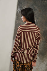 POÈTE Shiatzy Chen Retro 70s Point Collar Brown Striped Fluid Shirt 夏姿 70s 復古尖領可可棕條紋單口袋長袖襯衫