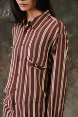 POÈTE Shiatzy Chen Retro 70s Point Collar Brown Striped Fluid Shirt 夏姿 70s 復古尖領可可棕條紋單口袋長袖襯衫