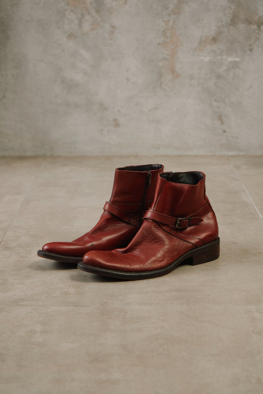 Vintage Tan Leather Side-Zip Buckle Boots 復古棕橘真皮側拉鍊帶扣短靴