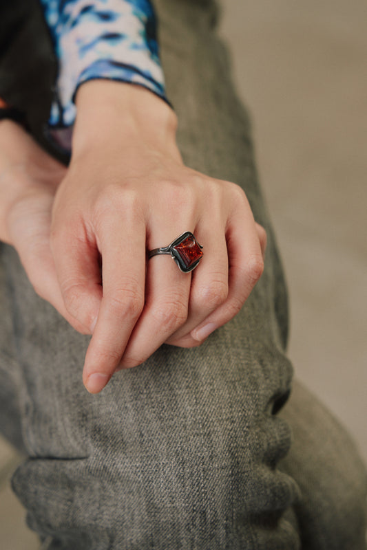 Vintage Modernist Square Amber Sterling Silver 925 Ring 復古現代主義方形琥珀純銀戒