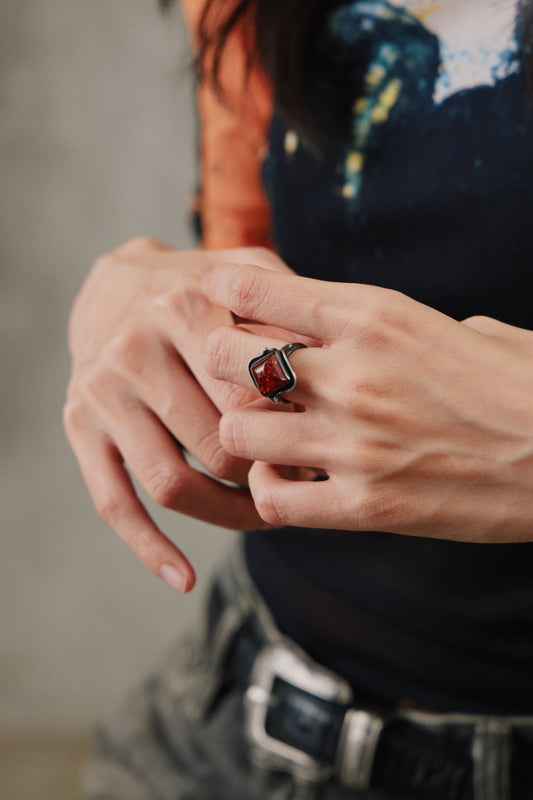 Vintage Modernist Square Amber Sterling Silver 925 Ring 復古現代主義方形琥珀純銀戒