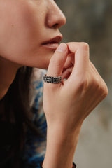 Rock Pyramid Stud&Black Stone Inlay Sterling Silver 925 Ring 工業風金字塔鋸齒黑石純銀戒