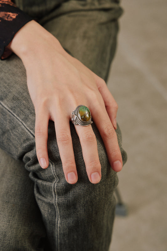 Vintage Southwestern Turquoise Heart Accent Sterling Silver 925 Ring 復古西南印第安天然綠松石純銀戒