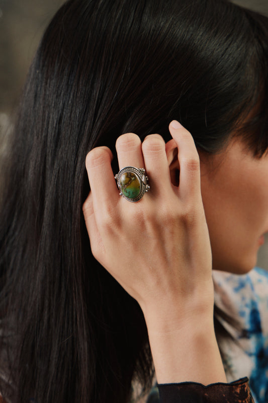 Vintage Southwestern Turquoise Heart Accent Sterling Silver 925 Ring 復古西南印第安天然綠松石純銀戒