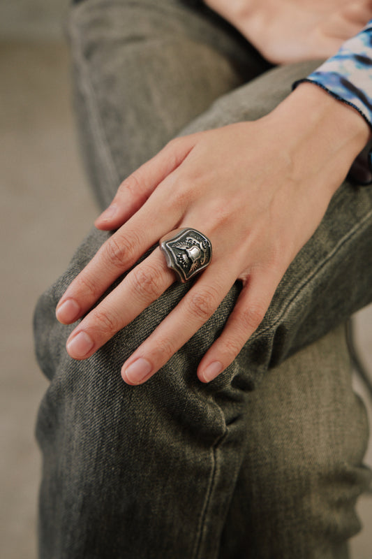 Vintage Medieval Crowned Winged Shield Crest Sterling Silver 925 Signet Ring 復古中世紀翼盾皇冠徽章純銀戒