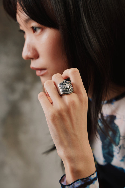 Vintage Medieval Crowned Winged Shield Crest Sterling Silver 925 Signet Ring 復古中世紀翼盾皇冠徽章純銀戒