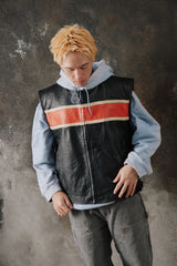 Vintage Euro Stars Leather Motorcycle Vest Style Orange Stripe 古著機車橙白條紋牛皮夾克