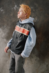 Vintage Euro Stars Leather Motorcycle Vest Style Orange Stripe 古著機車橙白條紋牛皮夾克