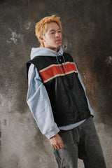 Vintage Euro Stars Leather Motorcycle Vest Style Orange Stripe 古著機車橙白條紋牛皮夾克