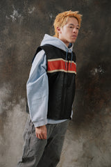 Vintage Euro Stars Leather Motorcycle Vest Style Orange Stripe 古著機車橙白條紋牛皮夾克