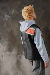 Vintage Euro Stars Leather Motorcycle Vest Style Orange Stripe 古著機車橙白條紋牛皮夾克