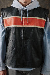 Vintage Euro Stars Leather Motorcycle Vest Style Orange Stripe 古著機車橙白條紋牛皮夾克