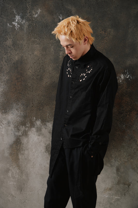 Ground Y Yohji Yamamoto Asymmetric Cutwork Embroidery Light Twill Shirt 山本耀司 不對稱鏤空花卉刺繡輕量斜紋布長版襯衫