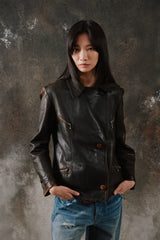 Rare 1940s French Vintage Asymmetrical Leather Jacket w/ DUN Ball-Chain Zippers 法國製斜襟水滴拉鍊古著拉鍊皮衣夾克