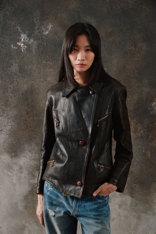 Rare 1940s French Vintage Asymmetrical Leather Jacket w/ DUN Ball-Chain Zippers 法國製斜襟水滴拉鍊古著拉鍊皮衣夾克