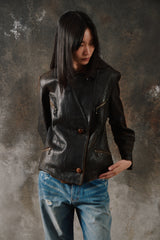 Rare 1940s French Vintage Asymmetrical Leather Jacket w/ DUN Ball-Chain Zippers 法國製斜襟水滴拉鍊古著拉鍊皮衣夾克