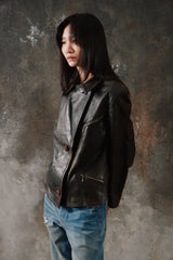Rare 1940s French Vintage Asymmetrical Leather Jacket w/ DUN Ball-Chain Zippers 法國製斜襟水滴拉鍊古著拉鍊皮衣夾克